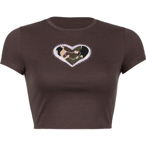 2021 Summer Womens Heart Printed Crop Tops T-shirt Short Sleeve Round Neck Slim Fit Basic Tee Shirts Casual Tops Female