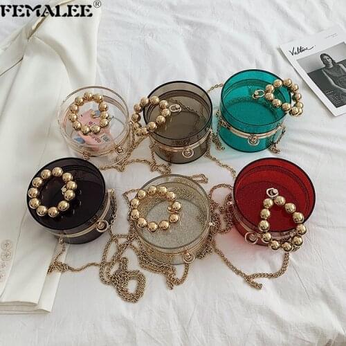 2021 Clear PVC Fashion Women Crossbody Sac Luxury Bead Handle Lady Tote Transparent Handbags New Korean Bucket Shoulder Purses