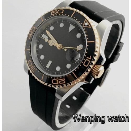 40mm sapphire glass ceramic bezel black sterile dial GMT date window automatic rubber strap mens top business watch