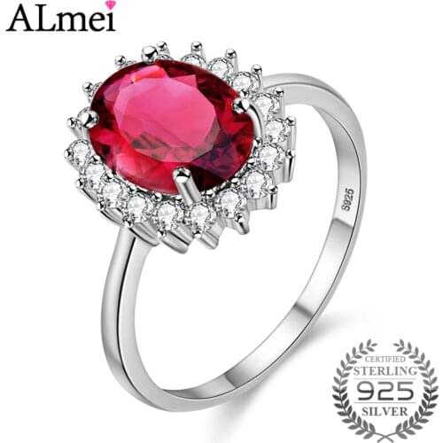 Almei Smaller Stone Red Garnet & Zircon Ring Pure 925 Sterling Silver Women Wedding Engagement Rings with Box 10% CJ004 6*8mm
