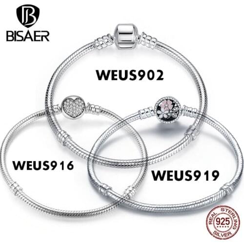 BISAER Authentic 100% 925 Sterling Silver Femme Snake Chain Bead Bracelet & Bangle For Charms Luxury Jewelry Pulseira WEUS902