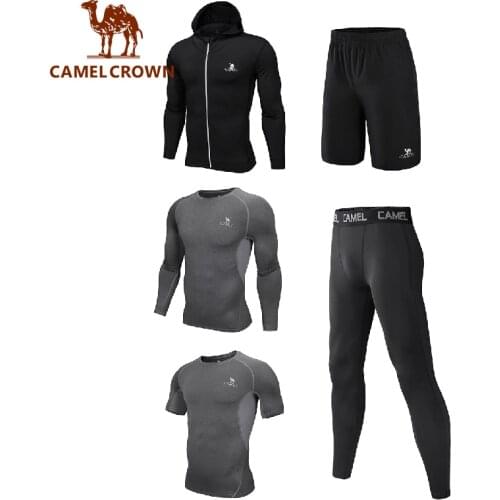 CAMEL Fitness Suits 5 Pcs Men Sportswear Male Breathable Gym Sports Running Clothing Comprehensive Training Clothes Shirts Pants