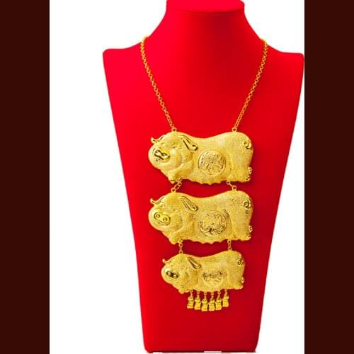 Luxury Solid 24K Gold Plated Chain Necklace Fashion Metal Pig Dragon Phoenix Pendant Women Bride Wedding Statement Jewelry Gifts