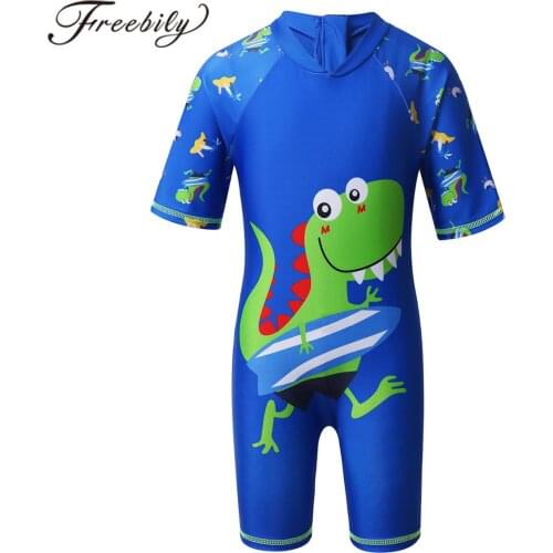 Boys Short Sleeves Rash Guards Kids One Piece Swimwear Shark Dinosaur Printed Zippered Swimsuits UPF 50+ Sunsuit Bathing Suit