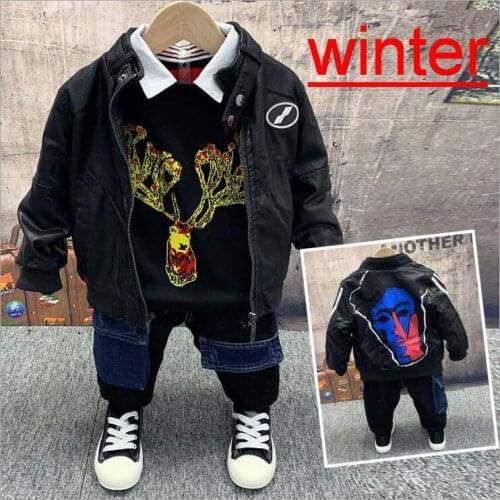 Children Clothing 2020 Autumn Winter Toddler Boys PU Leather coat+sweater+jeans Outfit Kids Clothes Suit For Boys Clothing Set
