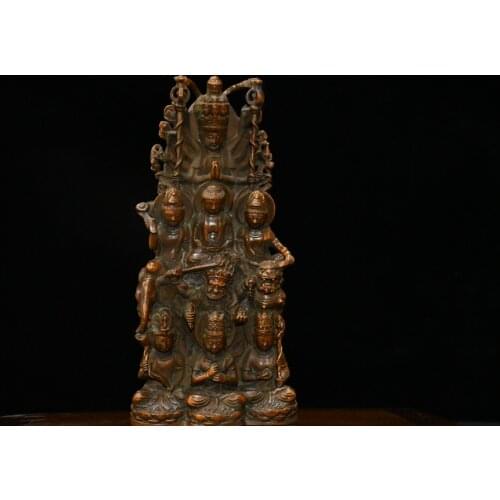 9"China Lucky Old Boxwood Hand-carved Ten Thousand Buddhas Quasi tifomu Buddha statue Office Ornaments Town House Exorcism