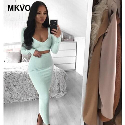 Utumn/winter 2 piece set women cotton quilted knit sexy V-neck long sleeve crop top tops+ elegant Skirt Set two piece set