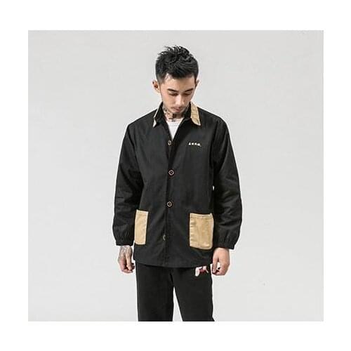2019 Man Windbreaker Harajuku Mens Print Pocket Black Jacket Long Coat Male Hiphop Autumn Chinese Jacket Retro
