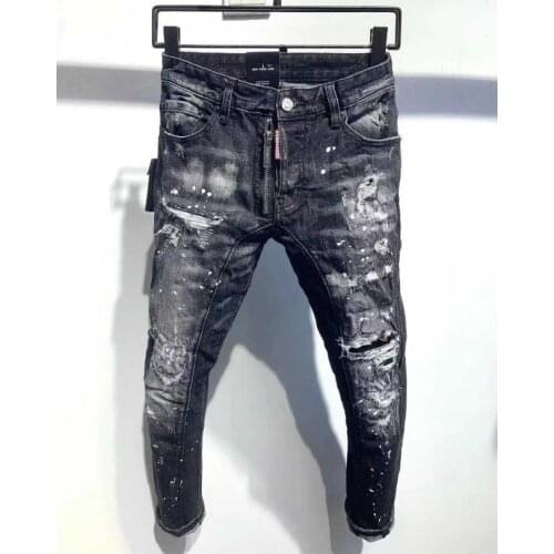 New Mens Skinny Jeans With Ripped Holes And elastic Paint Spray Black Stitching Beggar Pants A395