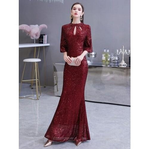 Evening Dress Mermaid Designed Neckline Sequined Floor Length Sequins Formal Dinner Dresses