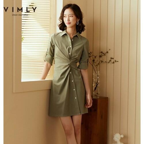 Vimly Vintage Dresses For Women Elegant Turn Down Collar Single Breasted Solid Office Lady Shirts Dress Female Vestidos F2323