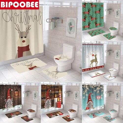Christmas Print Bathroom Shower Curtain Lovely Santa Claus Elk Anti-skid Bath Rugs Carpet Toilet Cover Set Xmas Bathtub Curtains