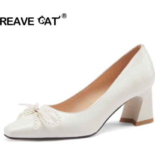 REAVE CATElegant Genuine Leather Women Pumps Med Heel New Pearl Butterfly Knot High Heels Spring Office Wedding Party 43 B2651
