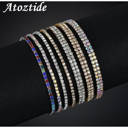 Atoztide Fashoin Elastic 1-2 Rows Clear Crystal Ankle Strap For Women Adjustable Gold Round Foot Bracelet Jewelry Gift