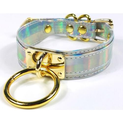 Chic Holographic Choker Punk Handmade Rainbow Laser Choker Gold Metal Harajuku Circle Round Layer pu Leather Necklace