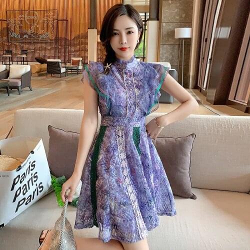 Vintage Elegant purple Short Sleeve Summer Runway Dresses Women Hit Color Lotus Ruffle Lace Print Stitching A-line Dress