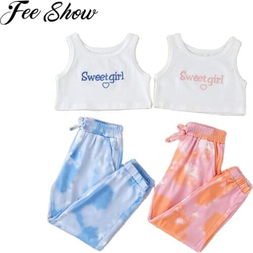 Kid Baby Girls 2Pcs Clothes Set Sleeveless Letter Printed Crop Tops with Drawstring Long Pant Childrens Tractsuits Sport Outfit