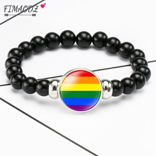 FIMAODZ Rainbow Lesbians Gay Pride Bracelets for Women Men Exquisite Beads Bracelet Glass Print LGBT Charm Couple Jewelry