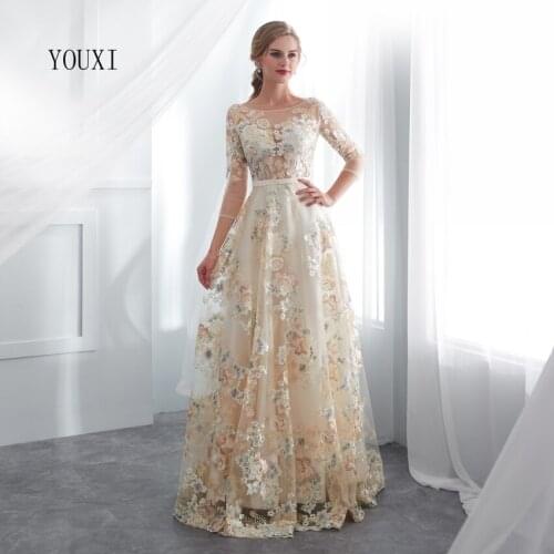 Floral Prom Dresses YOUXI Lace 3/4 Sleeves A-line Champagne Belt Empire Waist Long Evening Gowns Vestido De Formatura