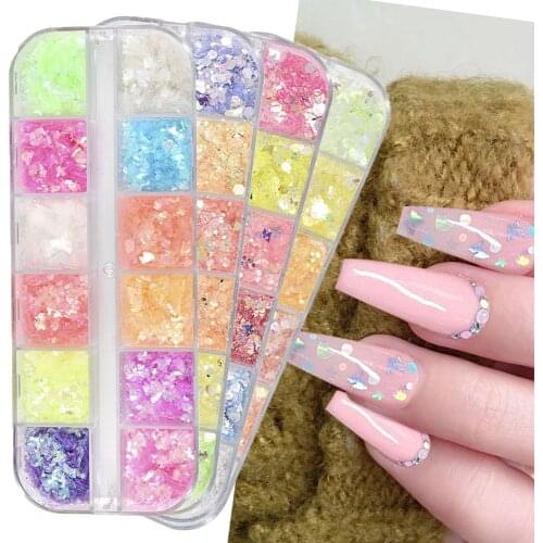12 Grids 3D Fluorescent Nail Glitter Laser Flakes Holographic Powder Sequins Paillette Manicure Nail Art Pigment Decoration Tool