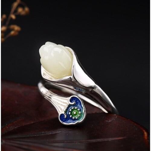 S925 Sterling Silver Orchid Ring Inlaid Natural Hetian Jade Magnolia Cloisonne Burnt Blue Retro Personalized Ornament