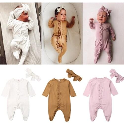 0-12M Toddler Baby Spring Autumn Clothing Rompers Solid Infant Boy Girl Long Sleeve Footed Jumpsuit Ruffled Sleepwear Headband