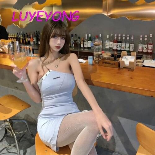 Korean Fashion ClothGirl Skew Collar Metal Chains Eyelet Slim Dresses Light Blue Lady Sexy Irregular Mini Dress Summer Harajuku