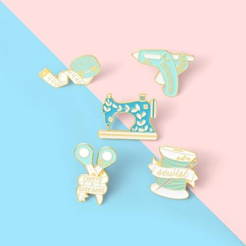 Creative Cute Life Articles Enamel Brooch Sewing Machine Scissors Ruler Needle Thread Pins Clothes Accessories Sweet Jewelry