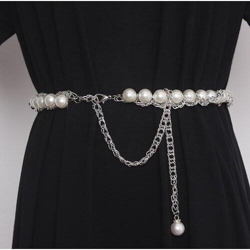 Summer Women Pearl Waist Chain Silver Gold Metal Alloy Waistband Fashion Women Dress Shirt Jacket Corset Strap Bet Decoration