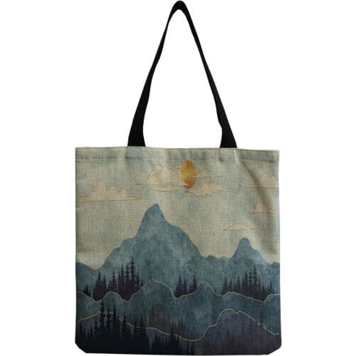 Simple Size Personality Japanese Style Tote Bags for Women Chinese Ink Painting Linen Handbag Printed Open Pocket Shoulder Bag