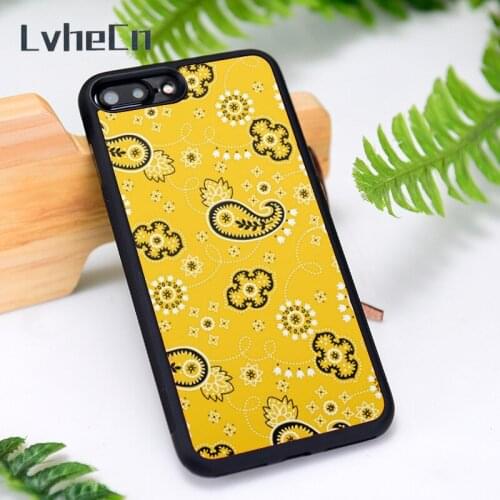 LvheCn Silicone Phone Case Cover for iPhone 6 6S 7 8 Plus X XS XR 11 12 Mini Pro Max Yellow Retro Paisley Bandanna Bandana