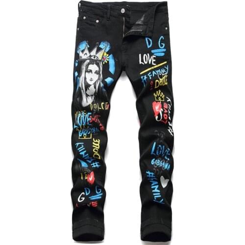 Mens New Casual Slim Elastic Black Print Jeans Fashion Trend Go With The Fashion Of Micro-Elastic Youth Mid-Waist Trousers