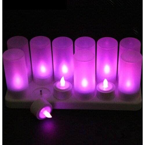 Set of 12 Rechargeable Flameless led Glow Flicker TeaLight Candle Waxless lamp Xmas wedding Bar party Home Club decor-Purple