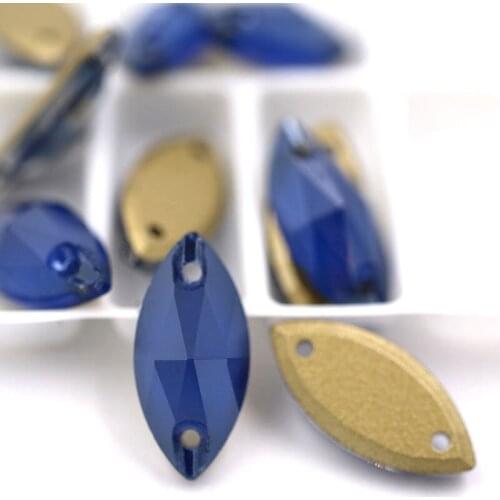 New arrival 7x15mm flatback glass sew on rhinestones Leaf shape Dark blue Mocha crystal rhinestones diy clothing accessories