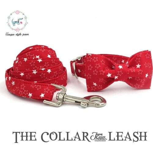 Dog Collar and Leash Set with Bow Tie Red Star Cotton Dog&Cat Necklace and Dog Leash for Pet Accessories Gift