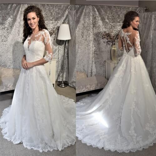 3/4 Sleeves Nude Skin Tulle A-line Lace Applique Wedding Dress Illusion Back Lace Bridal Dress Button Down
