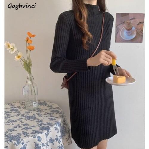 Dress Women Straight Long Sleeve Turtleneck Solid Knee-length Korean Preppy Style Slim Loose All-match High Street Leisure Chic