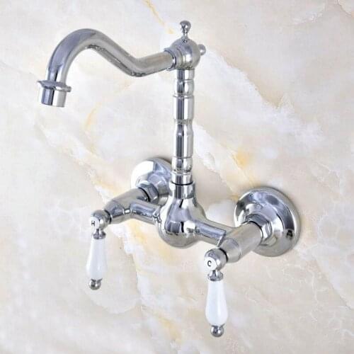 Polished Chrome Brass Wall Mounted Bathroom Kitchen Sink Faucet Swivel Spout Mixer Tap Dual Ceramics Handles Levers mnf575