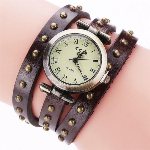 Drop Shipping Women Vintage Retro Rivet Genuine Leather Bracelet Wristwatches Fashion Female Quartz Watch CCQ Relogio Feminino
