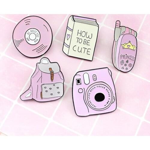 Backpack Book Camera Mobile Phone CD Custom Badges Enamel Pin Pink Girl Brooches Lapel Pins Shirt Collar Jewelry Gift For Kids