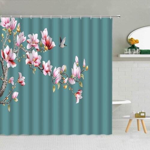 Chinese Style Pink Flowers Bird Shower Curtain Mountain River Fish Fabric Bathroom Supplies Decor With Hooks Cloth Curtains