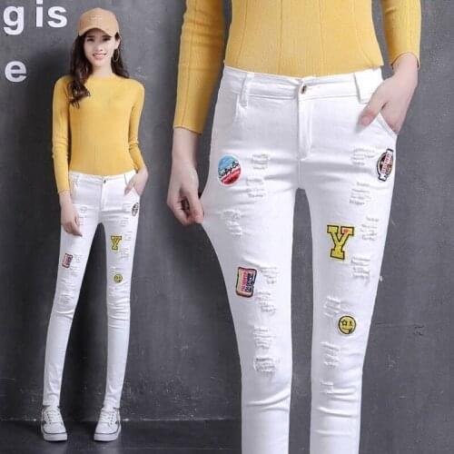 Women White Trousers Pencil Pants New Frayed Letter Print Button Pocket Pants Womens High Waist Elastic Foot Pants Streetwear