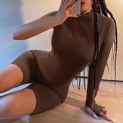 Female Solid Long Sleeve One Shoulder Bodycon Party Dresses Side Slit Thumb Hole Playsuit Skinny Jumpsuit Women Overall 2021