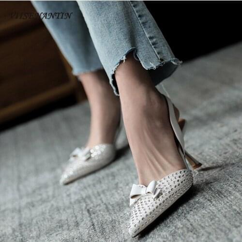 2021 new fairy style bowknot pink high heel shoes pointed toe stiletto French temperament crystal Blingbling sandals women
