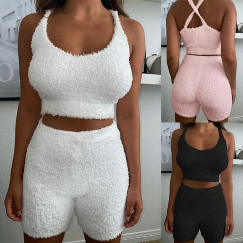 Womens Co-Ord 2pcs Fleece Set Fluffy Crop Tops Tank Shorts Lounge Wear Tracksuit