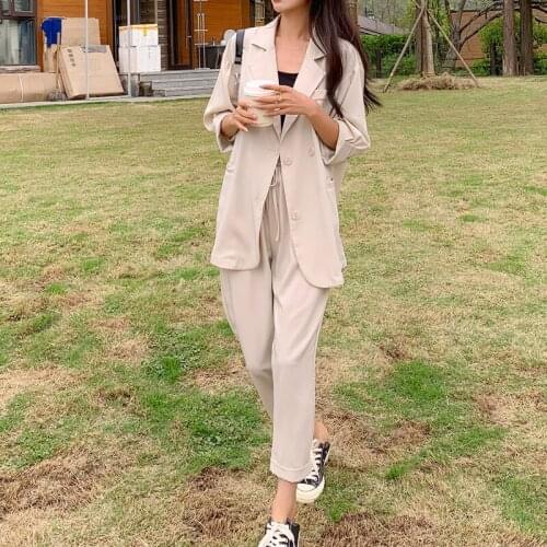 New Summer Womens Set Loose Blazers And Elastic Waist Pencil Pants Suit Two Piece Set Office Lady Casual Outfits
