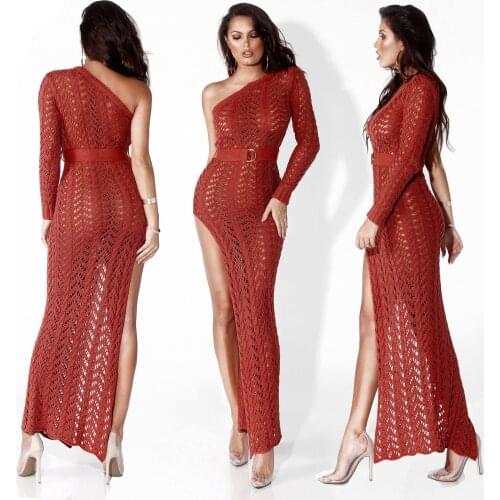 Women Dress Summer Casual Elegant Bodycon Dress with Belt Lady Sexy Strapless Hollow High Split Holiday Street Dress