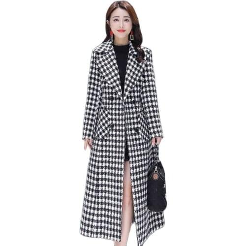2019 New womens jacket autumn-winter woolen coat Long sleeve Houndstooth ladies coat Large size long womens coat wool 974