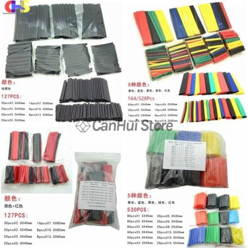 127/164/328/530pcs/pack Set Polyolefin Shrinking Assorted Heat Shrink Tube Wire Cable Insulated Sleeving Tubing Set Black Colour