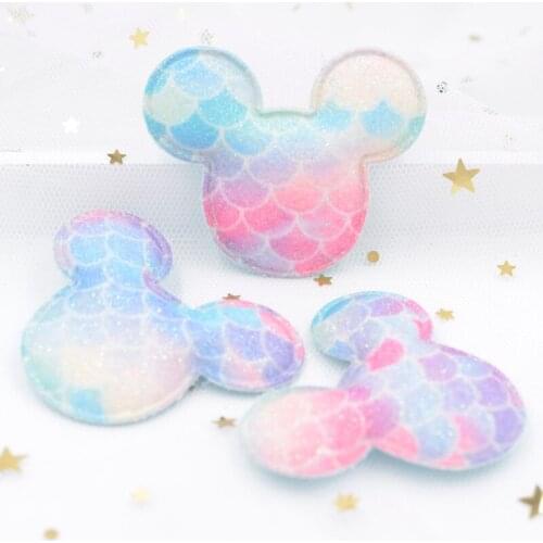 5.5CM Mermaid Scale Iridescence Shiny Powders Fabric Padded Patches Cartoon Mouse Head Appliques for DIY Hair Bow Ornament S14